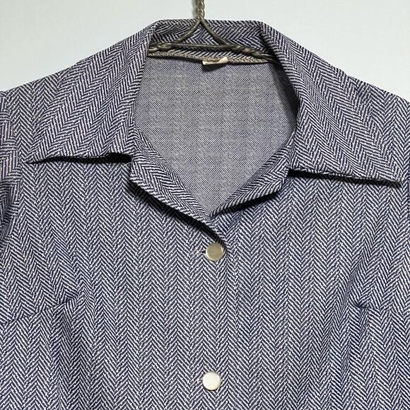 Vintage 70s Size Large Blue Herringbone Polyester Dart Collar Button Blouse Top - Picture 3 of 7